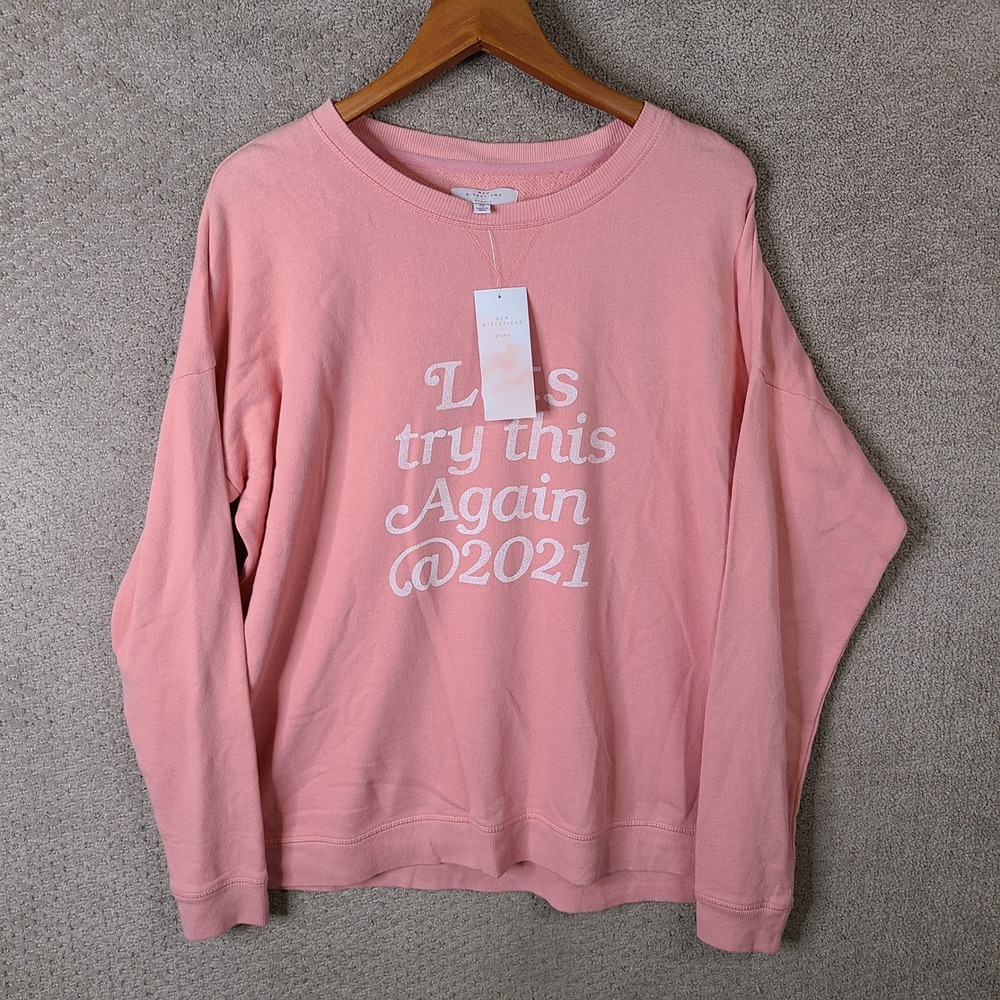 New Directions Studio Sweater Women XL Pink Lets Try This Again 2021 Graphic NEW